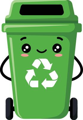 Green recycling bin with cute smiling face and wheels illustration for environmental awareness and waste management