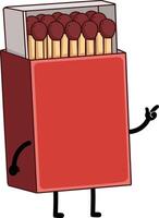Animated red matchbox character with matches and gesturing hand illustration vector