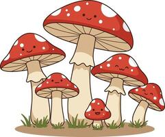 Red spotted mushrooms with smiling faces in a whimsical cartoon style illustration vector