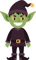 Green goblin character in dark costume with pointy hat and boots smiling mischievously illustration vector