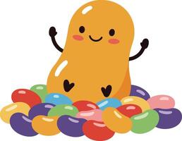 Cute jelly bean character sitting among colorful assorted jelly beans illustration with happy expression vector