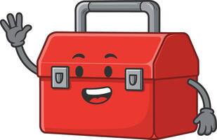 Red toolbox with cheerful face and waving hand cartoon character illustration vector