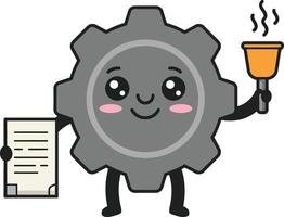 Cute gear character holding bell and document illustration with smiling face and cartoon style vector