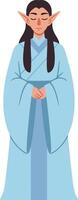 Elf character in traditional blue robe standing with closed eyes and calm expression fantasy illustration vector