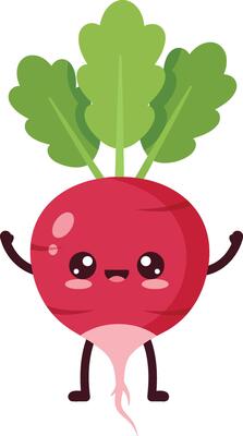 Happy radish vegetable character with green leaves and smiling face illustration