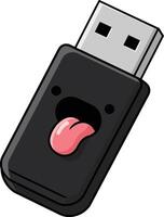 USB flash drive with playful cartoon face and tongue sticking out digital storage device illustration vector