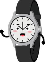 Animated wristwatch with black strap and expressive face showing time in illustration vector