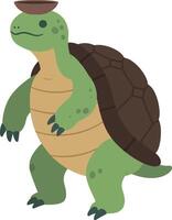 Turtle balancing bowl on head illustration in simple flat style with green and brown colors vector