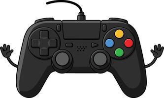 Black game controller with colorful buttons and cartoon hands gaming device illustration vector