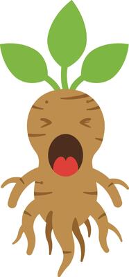 Mandrake root plant with green leaves yawning in cartoon style illustration