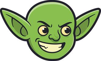 Green goblin face cartoon illustration with mischievous expression and pointed ears vector