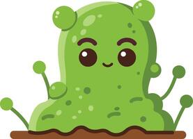 Cute green slime cartoon character with happy face and soil base illustration vector