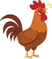 Rooster crowing on white background with red comb and brown feathers illustration vector