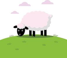 Sheep grazing on green grassy hill with purple clouds in background illustration vector