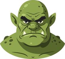 Green angry orc monster face with tusks and pointed ears fantasy character illustration vector