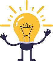 Light Bulb Character with Raised Hands and Radiating Yellow Glow Creative Idea Symbol Illustration vector