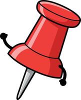 Red push pin with arms cartoon style illustration for office and stationery use vector