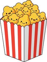 Cute popcorn box with smiling popcorn kernels in red and white striped container illustration vector