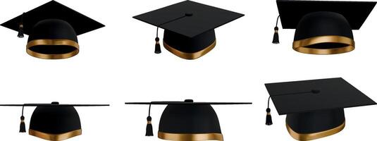 set of 3d graduation caps in different views. isolated realistic black and gold graduation hats vector