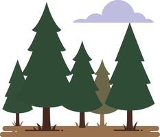 Group of green pine trees with brown trunks and small cloud illustration in simple style vector