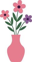 Pink and purple flowers in simple vase illustration with green leaves and minimal style design vector