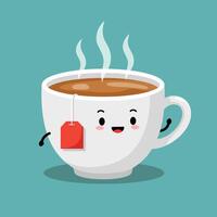 Cute smiling steaming tea cup illustration with tea bag and happy face in turquoise background vector