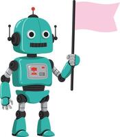 Retro style teal cartoon robot holding pink flag illustration with mechanical joints and antenna vector