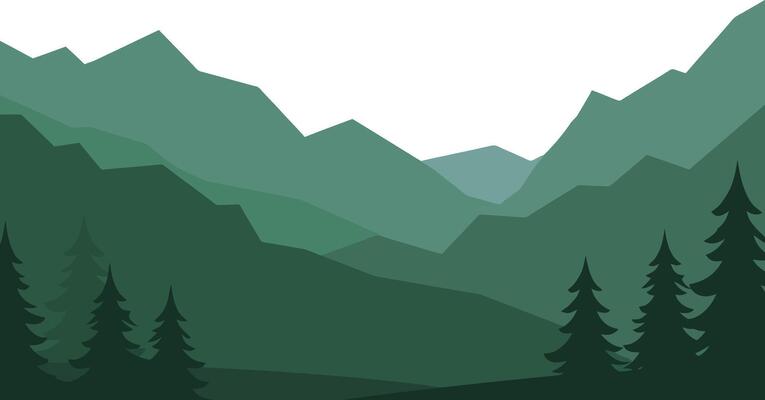 Mountain landscape with layered green hills and pine trees in minimal style illustration