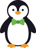 Cute penguin wearing green bow tie simple cartoon character illustration for children and design projects vector