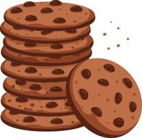 Chocolate chip cookies stacked with one cookie leaning and crumbs falling in illustration vector
