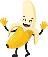Happy peeled banana character with smiling face and waving hands illustration in bright yellow and cream colors vector