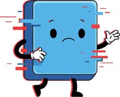 Blue book character with sad expression and glitch effect walking illustration vector