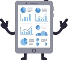 Tablet with animated arms and legs showing blue charts and graphs for business analytics and data visualization illustration vector