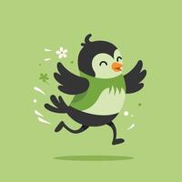 Cute happy bird running with flower and clover green background illustration vector