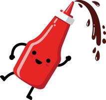 Ketchup bottle cartoon character squirting sauce with happy face and playful pose illustration vector