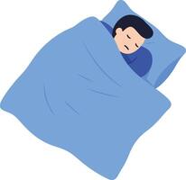Man sleeping under blue blanket on pillow in restful nighttime sleep illustration vector