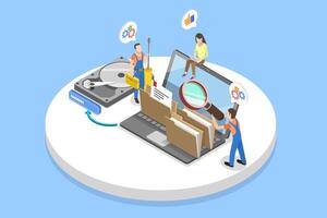 3D Isometric Flat Illustration of Data Recovery Service, Backup and Protection, Hardware Repair vector