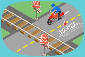 3D Isometric Flat Illustration of Crossing Railways, Safe Riding Rules vector