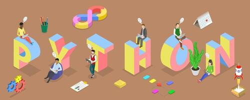 3D Isometric Flat Illustration of Python, Modern Software Development vector