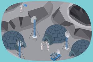 3D Isometric Flat Illustration of Earth Satellite Exploration, Moon Surface. vector