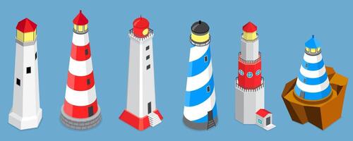 3D Isometric Flat Set of Lighthouses, Searchlight Guide, Marine Navigation Beacons vector
