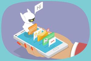 3D Isometric Flat Illustration of Mobile Chatbot, App for SMS Messaging on smartphone with Chat Bot. vector