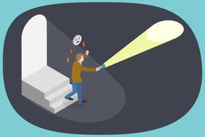3D Isometric Flat Illustration of Darkness And Fear, Man with Flashlight vector