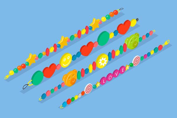 3D Isometric Flat Illustration of Various Bracelets , Kidcore Jewelry