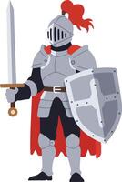 Medieval knight in silver armor holding sword and shield with red cape illustration vector