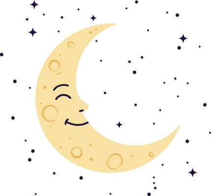 Smiling crescent moon with stars night sky illustration in soft yellow and black colors