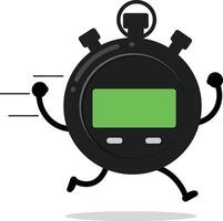 Running stopwatch timer cartoon character with green digital screen and motion lines illustration vector