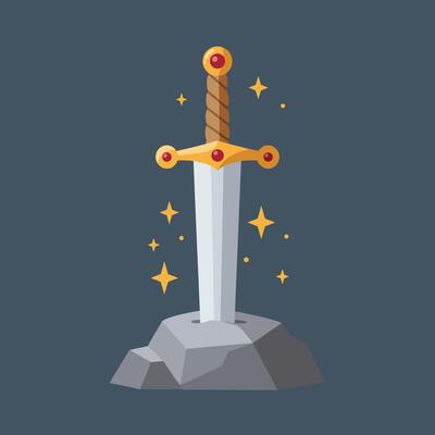 Sword embedded in stone with glowing stars fantasy weapon illustration