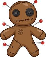 Voodoo doll with red pins and button eyes illustration in brown fabric style vector