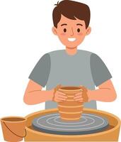 Boy creating pottery on wheel with clay art and crafting skills illustration vector